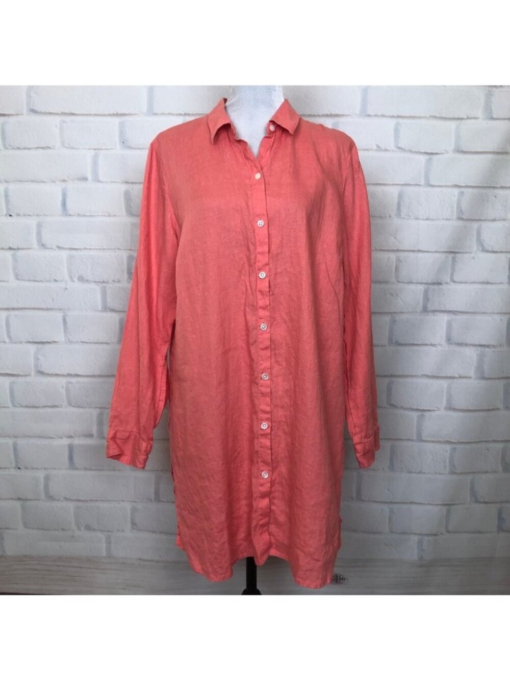 J Jill Love Linen Coral Tunic Shirt Dress Size L Long Sleeve 100% Linen